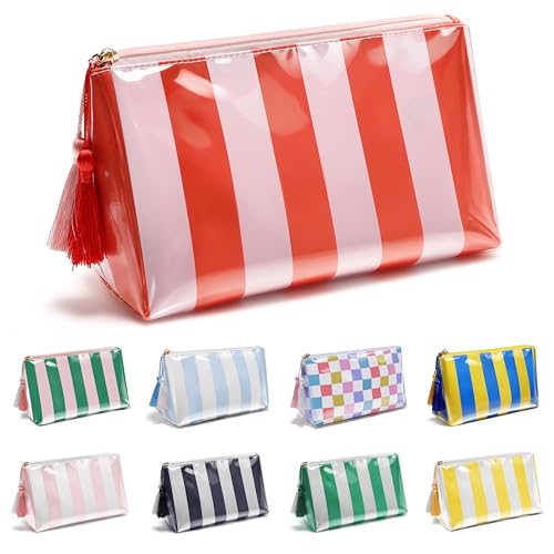 PVC Makeup Bag for Purse, Toiletry Bag for Women Travel, Waterproof Clear Makeup Bag for Purse Organizer Zipper Pouch Beach Summer Vacation Essentials Gifts for Women - color: Orange+Pale pink Striped, size: Small(9.84in*4.33in*5.91in)