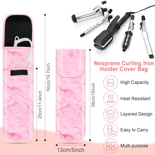 Shappy 2 Pcs Heat Resistant Hair Tools Bag Curling Iron Travel Case Cover Neoprene Flat Iron Holder Travel Case and Silicone Mat Pouch for Hot Hair Tools Storage Organizer(Pink Marble Style) - style: Pink Marble Style