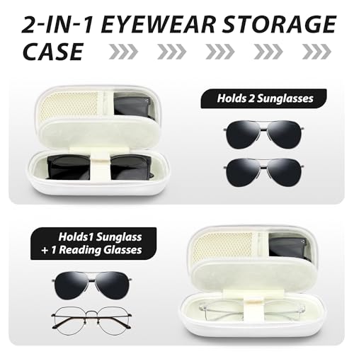 Double Glasses Case for Women Men, Dual Eyeglass Travel Organizer with Wristband - color: White