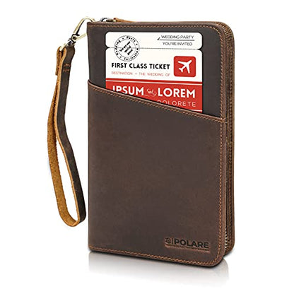 Polare Full Grain Leather Passport Holder Cover Case for Men and Women RFID Blocking Family Travel Wallet Holds 6 Passports - color: Dark Brown