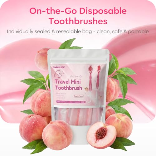 FAMILIFE Travel Toothbrush - 5 in 1 Mini Disposable Toothbrush with Toothpaste, Floss Picks & Tongue Scraper, Individually Wrapped Prepasted Brush for Weekend, Business Trip & Camping (Peach, 24pcs) - color: Peach 24 Pcs