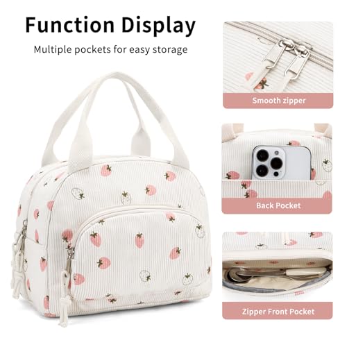 Lunch Bag Women Lunch Box for Women Adult Cute Insulated Lunch Bag Small Cooler Lunch Tote Bags for Work Picnic Travel (Beige-Light Strawberry) - color: Beige-Light Strawberry