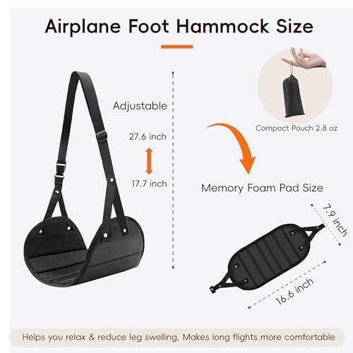 Foot Hammock for Plane Travel, Airplane Foot Hammock, Adjustable Foot Rest Sling, Airplane Gadgets Travel Essentials for Long Time Flight (Black) - color: Black