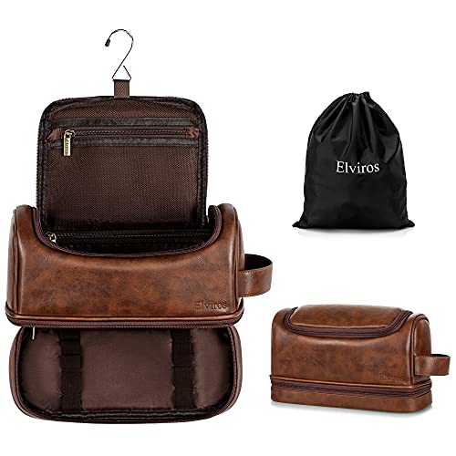 Elviros Toiletry Bag for Mens PU Leather Travel Organizer Kit with Hanging hook, Large Water-resistant Toiletries Bathroom Shaving Bag, Gift For Men (Dark Brown) - color: Dark Brown, size: Large (Pack of 1)