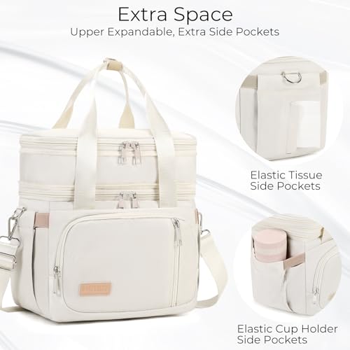 MAPLELILY Lunch Box for Men Women - Double Deck Insulated Lunch Bag, Large Leak Proof Tote Cooler, Wide Open Dual Compartment Lunch Bags with Shoulder Strap, For Work Picnic Hiking Beach, Beige - color: Beige