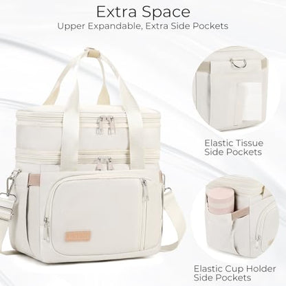 MAPLELILY Lunch Box for Men Women - Double Deck Insulated Lunch Bag, Large Leak Proof Tote Cooler, Wide Open Dual Compartment Lunch Bags with Shoulder Strap, For Work Picnic Hiking Beach, Beige - color: Beige