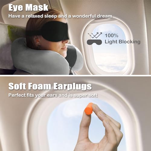 Travel Pillow, Memory Foam Neck Pillow for Traveling, U Shape Neck Pillow Airplane Portable Flight Pillow Travel Kit with 5D Contoured Eye Masks and Earplug for Plane Train Car Home Office - color: Grey