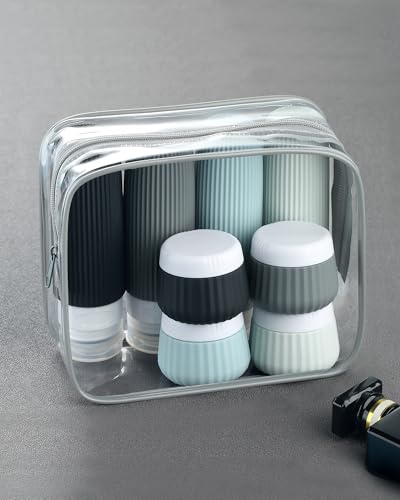 Mrsdry Travel Bottles - 8 Pack, TSA Approved Travel Size Toiletries, Leak Proof Silicone Squeezable Containers in Clear Bag - color: Black Gray, size: Bottle 3oz Jars 1oz