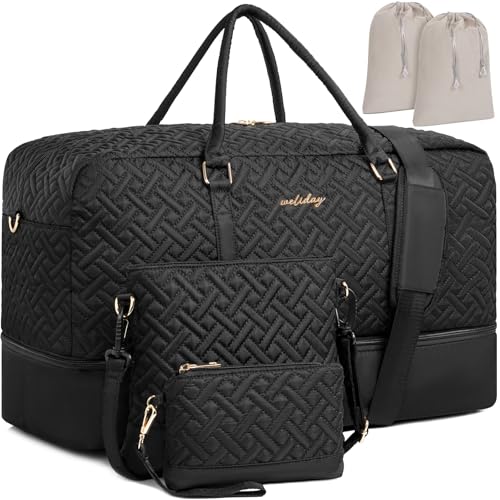 Weekender Bag for Women, 5 Pcs Set Carry on Overnight Bag, 21" Travel Duffel Bag with Waterproof Shoe Compartment for Weekend Travel Business Trip - color: Black, size: Large