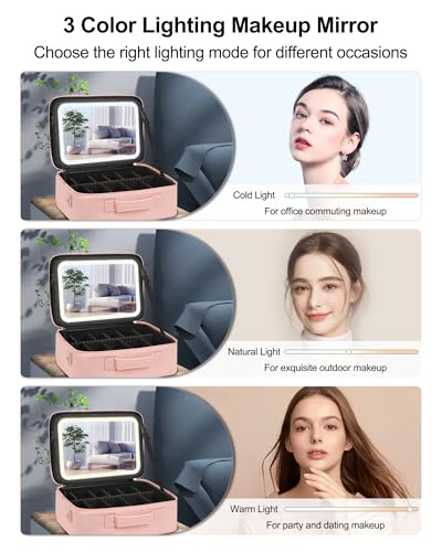 Relavel Makeup Bag with LED Mirror, 16.2 inches Large Makeup Case Travel Portable Cosmetic Organizer Vanity Case for Women, Rechargeable Lighted Mirror Professional Makeup Artists Storage Box (Pink) - color: with mirror pink, size: Large