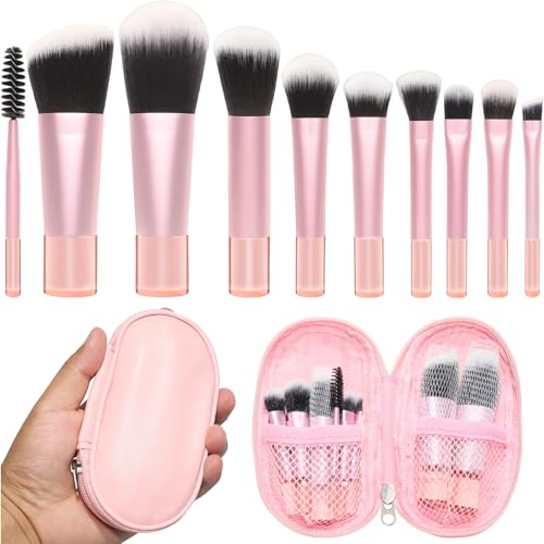10 Pcs Mini Travel Makeup Brush Set with Pouch, Foundation, Eyeshadow, Blush, Highlighter, Angled Brow & Mascara Brushes - Soft Synthetic Fiber Brushes for On-The-Go & Daily Makeup (Pink) - color: Pink