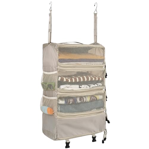 Surblue Travel Hanging Luggage Organizer Portable Suitcase Closet Organizer Multiple Compartments Collapsible Compression Packing Cubes Shelf, Beige, M - color: Beige, size: M_14.5×7×22.5in