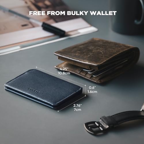 VULKIT Slim Minimalist Card Holder RFID Blocking Leather Credit Card Holder Front Pocket Wallet Magnetic Closure - color: Navy