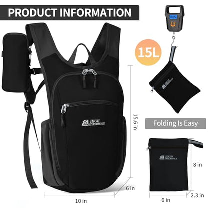 Hiking Backpack 10L/15L Small Daypack Lightweight Packable Travel Foldable Water Resistan for Women Men (Black, 15L) - color: Black, size: 15L