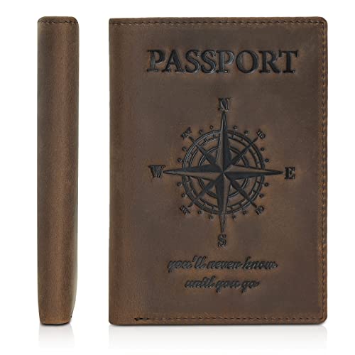 Polare Luxury RFID Blocking Leather Passport Holder Travel Wallet For Men and Women (Dark Brown Compass) - color: V Dark Brown Compass