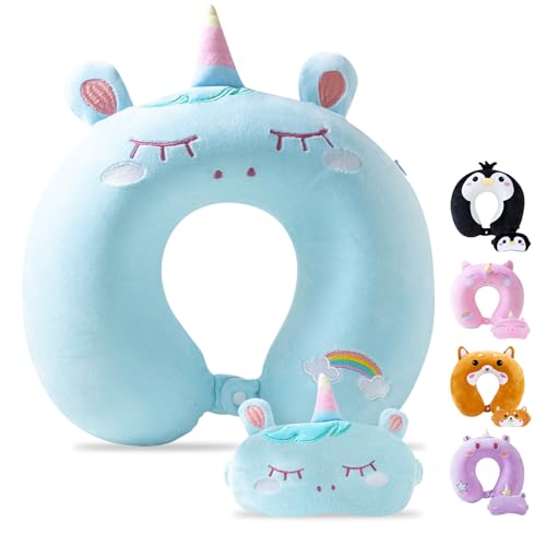 Cirorld Travel Pillow for Kids Adult Cute Neck Pillow for Traveling Memory Foam Airplane Pillow Sleep Mask Animal Flight Pillow Head Rest Neck Support for Cars Long Flights (Blue, 3-8 Y/O) - color: Blue, size: 3-8 Y/O