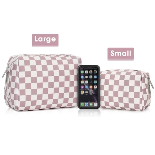 Narwey Checkered Makeup Bag Pink Travel Cosmetic Bag Organizer Toiletry Bag Make Up Bags with Compartments for Women Girls (Large, Dusty Rose Checkerboard) - color: YB-Dusty Rose Checkerboard, style: Large
