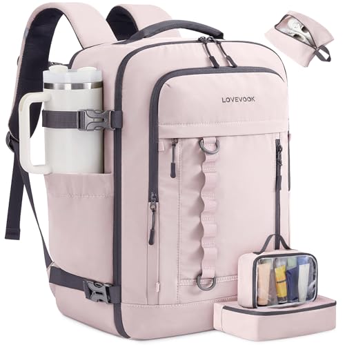 LOVEVOOK 50L Travel Backpack for Men Women, Waterproof Carry On Backpack for Work & Travel, Flight Approved Personal Item with 3 Packing Cubes,TSA Bag Fits 17.3" Laptop,Light pink - color: Light Pink, size: X-Large-50L-4Pcs