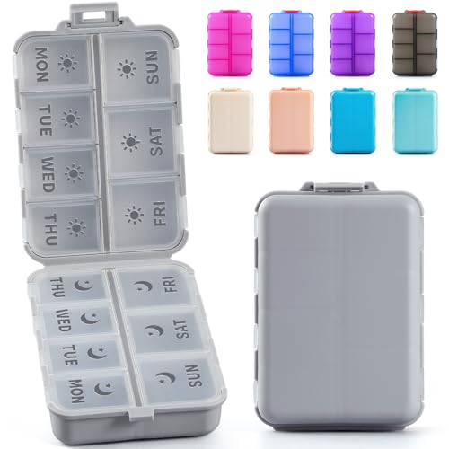 NEW Foldable & Double Protection Portable Weekly Pill Organizer 2 Times A Day with Etched Labels, AM PM 7 Day Week Medicine Box, Daily Travel Pill Case Holder Dispenser for Vitamin, Supplement - Grey - color: Grey, size: AM & PM