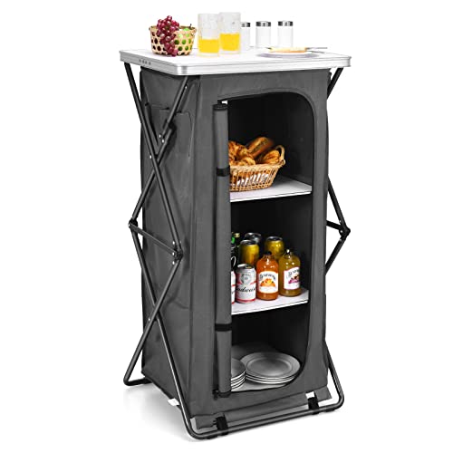 Giantex Folding Camping Storage Cabinet with 3 Shelves and Carry Bag, Portable Outdoor Organizer Kitchen Table, Quick Set-up for BBQ, Picnic, Backyard, Compact Pop-Up Cupboard, 47''H - size: 47''H