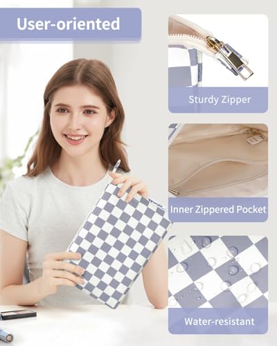 Narwey Small Checkered Makeup Bag for Purse Small Cosmetic Bag Women Travel Makeup Pouch Zipper Pouch (Grayish Blue Checkerboard) - color: AB-Grayish Blue Checkerboard
