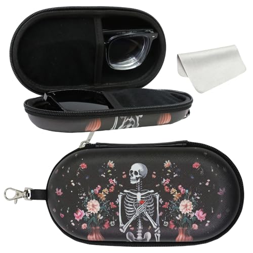 Double Eyeglasses Case, Hard Shell Dual Sunglasses Organizer with Zipper Clip Travel Glasses Storage for Women Men - color: Black Skull