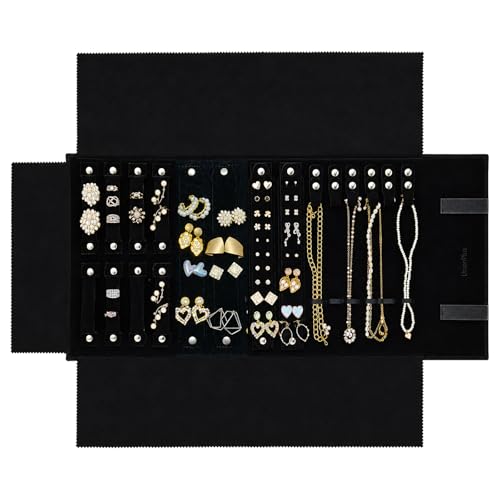 UnionPlus Velvet Jewelry Roll Organizer, Travel Jewelry Case with Multiple Compartments for Rings Earrings Necklaces Bracelets, Compact Portable Jewelry Storage - color: Black, size: Regular