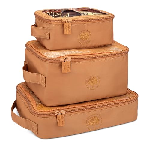 Parker Baby Co. Lightweight Packing Cube Set 3-Pack | Collapsible, Durable, Mesh & Clear Top | Travel Organizer for Diaper Bags, Luggage - Camel/Desert Star - color: Camel/Desert Star