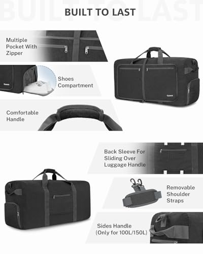 Gonex Large Foldable Travel Duffle Bag with Shoes Compartment, Packable Lightweight Water Repellent Duffel Bag for Camping Gym Weekender Bag - color: Dark Grey, size: 60L