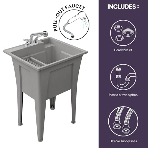 Freestanding Utility Sink with Two Handle Chrome Faucet - 24" Plastic Utility Sink for Garage, Laundry, Indoor and Oudoor Use - Laundry Tub Kit by Noah William Home - Grey (19.5 gal) - color: Grey - Two handle chrome faucet