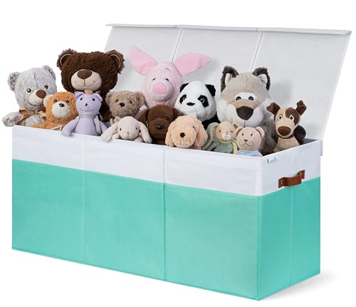 SoftOwl Extra Large Toy Storage Organizer with Lid - Sturdy, Collapsible Toy Chest Storage Box Design - Toys Bin with Dividers for Kids, Nursery, Bedroom, Playroom 37"x16"x14" - color: Light Green & White