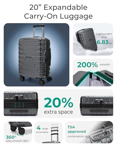 BAGSMART Carry On Luggage 22x14x9 Airline Approved with Spinner Wheels,Lightweight 20 Inch Luggage with TSA Lock,Expandable Hard Shell Carry On Suitcases for Men Women,Gray - color: Gray