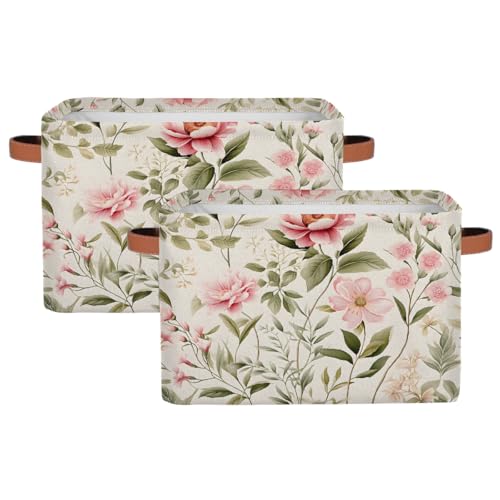 Wild Rose Flower Floral Rectangular Storage Bin Collapsible Storage Basket Organizer Boxes with Leather Handle Storage Cube for Shelves Toy Laundry Nursery 2 PC - color: Wild Rose Flower Floral, size: 2 Pcs