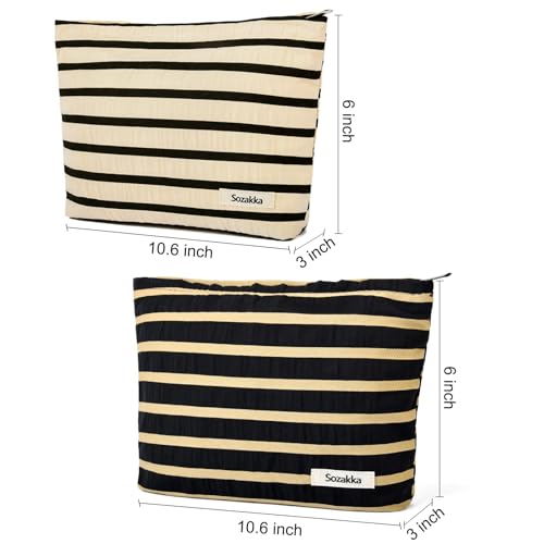 SOIDRAM 2 Pieces Makeup Bag Large Stripe Cosmetic Bag Capacity Canvas Travel Toiletry Bag Organizer Cute Makeup Brushes Aesthetic Accessories Storage Bag for Women, Stripe L Black White - color: Black& white stripe