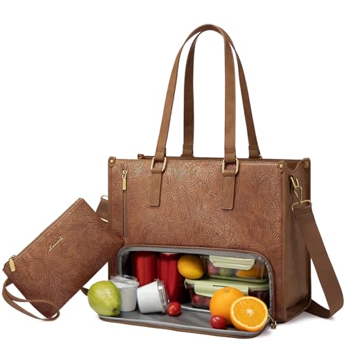 LOVEVOOK Lunch Tote Bag for Women, 15.6 Inch Laptop Bag with Insulated Lunch Compartment, Quilted Large Capacity Computer Handbag with Purse for Business, Work, Office, Casual, Yellowish brown - color: Yellowish Brown, size: 15.6 Inch