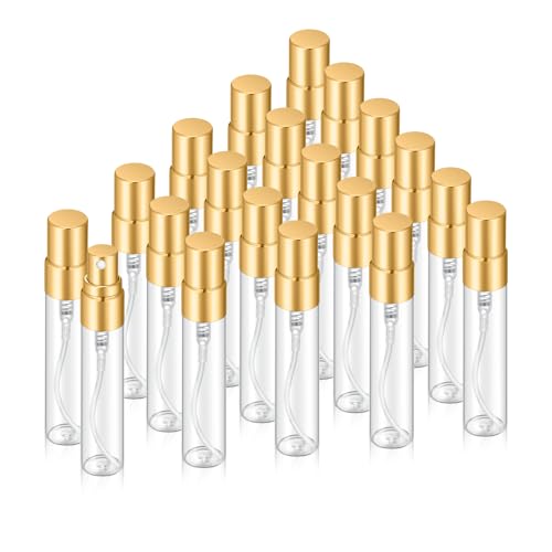 20Pcs 5ml Empty Clear Glass Mist Spray Bottle Refillable Mini Perfume Atomizer Travel Sample Bottle with Golden Aluminized Nozzle Makeup Container for Perfume (5ml Gold Caps) - color: 5ml Gold Caps