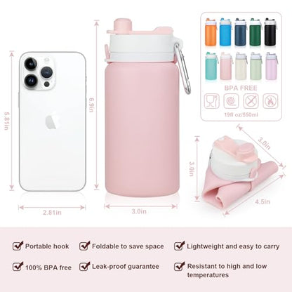 PLTCAT Collapsible Water Bottle, 19oz Foldable Bottle BPA Free Reusable Lightweight Leak-Proof Travel Silicone Water Bottle for Travel, Gym, Hiking, Office, Camping - color: Pink