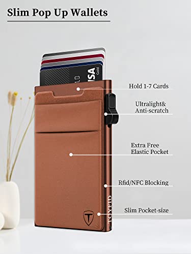 TOYFID Pop Up Credit Card Wallet for Men - Metal Slim Minimalist Cards Holder with Money Pocket - RFID Blocking Ultralight Small Aluminum Wallet - color: Brown A
