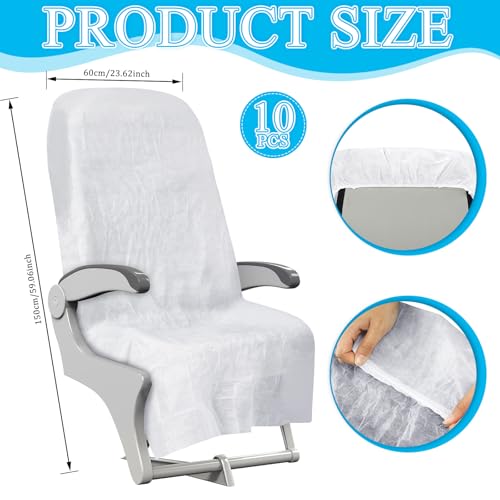 SmoothNovelty 10 Pack Disposable Airplane Seat Covers Non-Woven Safety Protection Portable Cover White 60 x 24 Inches Public Seat Protector for Airplane Train Bus Car Office Movie Theatre Chair