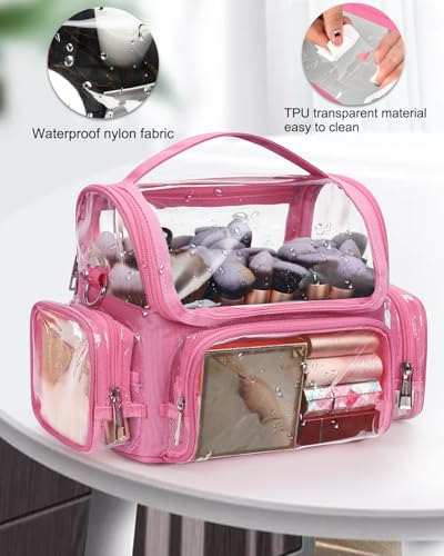 NAONAYA Pink Makeup Brush Bag, Large Makeup Brush Holder Professional Makeup Artist Travel Case Clear Waterproof Cosmetic Organizer Bag, Full Open Easy to Access, with Adjustable Strap and Dividers - color: pink, size: S