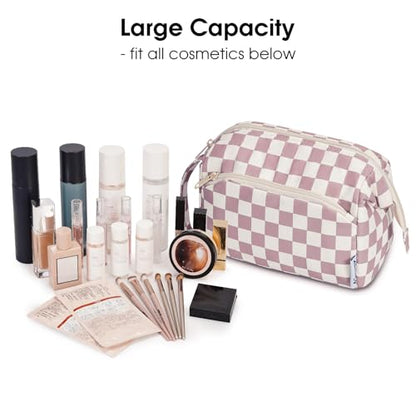 Narwey Checkered Makeup Bag Women Wide-open Make up Bag Travel Cosmetic Bag Organizer Toiletry Bag for Cosmetics Toiletries Accessories (Dusty Rose Checkerboard) - color: Z-Dusty Rose Checkerboard