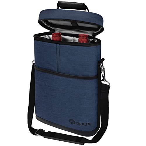 opux 2 Bottle Wine Carrier Tote, Insulated Leakproof Wine Cooler Bag, Wine Travel Bag for Picnic BYOB Beach, Portable Wine Bottle Carrying Case, Gift for Wine Lover Women Men Christmas, Navy - color: Heather Navy