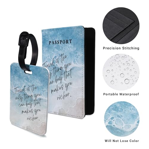 PDE-QUNLIAN Passport Book Holder,Passport Wallet for Men Mr and Mrs Passport Holder for Women Passport Cover World Map Passport Case for Couples Christmas Traveling Luggage Tag 2PCS - color: Beach Ocean 2Pcs (Passport Holder + Luggage Tag)