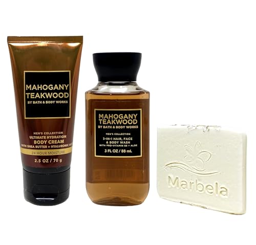 Bath & Body Works Men's Collection Mahogany Teakwood Body Cream and 3-in-1 Hair, Face & Body Wash Bundle with a Natural Oats Sample Soap - Travel Size