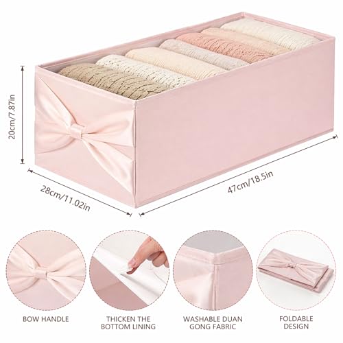 Gerrii 2 Pack Light Pink Bow Storage Bins for Closet 18.5" x 11.02" x 7.87" Large Stylish Fabric Organizers with Bow Handles Grid Dorm Organizer Open Compartments for Underwear Socks Accessories