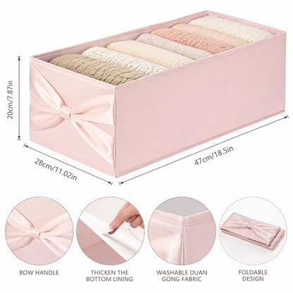 Gerrii 2 Pack Light Pink Bow Storage Bins for Closet 18.5" x 11.02" x 7.87" Large Stylish Fabric Organizers with Bow Handles Grid Dorm Organizer Open Compartments for Underwear Socks Accessories