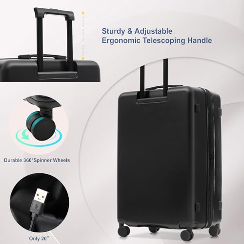 Merax Luggage Sets 5 Piece Front Open, Hardside 20" Carry On Suitcase Set with USB Port,Lightweight Expandable Travel 24" 28" Luggage with Bags TSA Locks Double Spinner Wheels,Black - color: Black-1, size: 3 piece(20front open+24+28+bags)