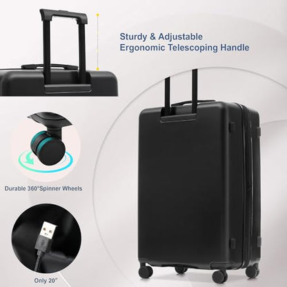 Merax Luggage Sets 5 Piece Front Open, Hardside 20" Carry On Suitcase Set with USB Port,Lightweight Expandable Travel 24" 28" Luggage with Bags TSA Locks Double Spinner Wheels,Black - color: Black-1, size: 3 piece(20front open+24+28+bags)