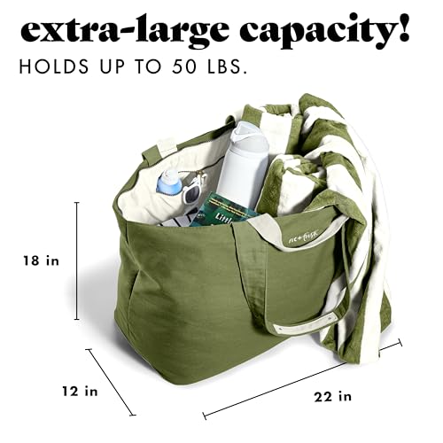 Fit & Fresh XL Beach Tote Bag for Women – XL Travel Tote with Zipper & Pockets, Oversized Canvas Pool Bag, Weekender Carry-On - color: Olive