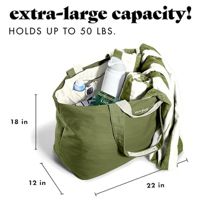 Fit & Fresh XL Beach Tote Bag for Women – XL Travel Tote with Zipper & Pockets, Oversized Canvas Pool Bag, Weekender Carry-On - color: Olive